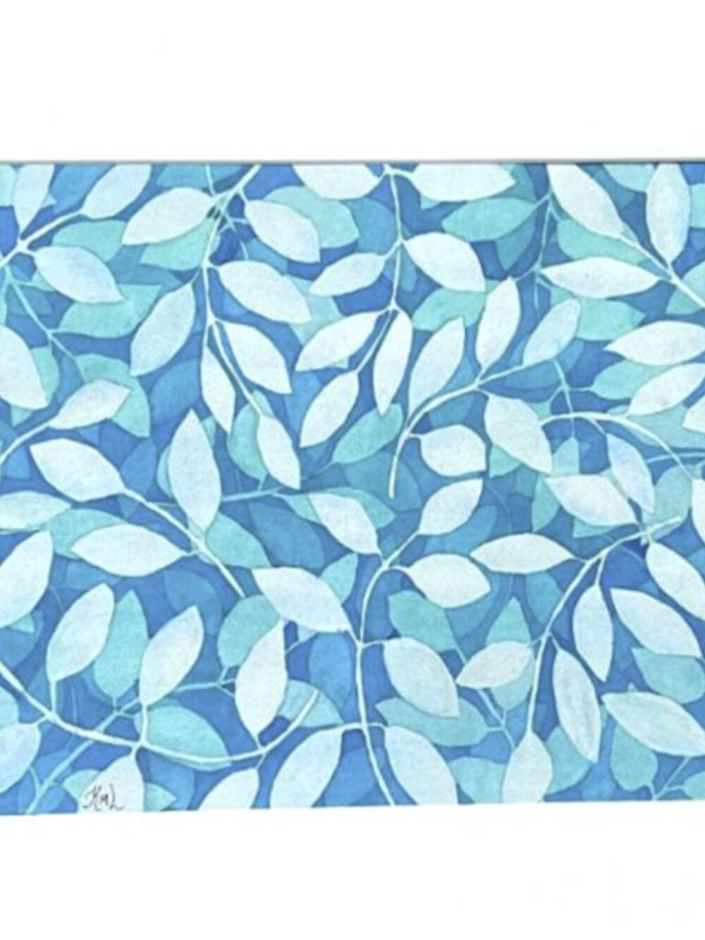 PAINTING WATERCOLOR ORIGINAL ART TREE LEAVES BLUE 11X14 WHITE MAT 16X20
